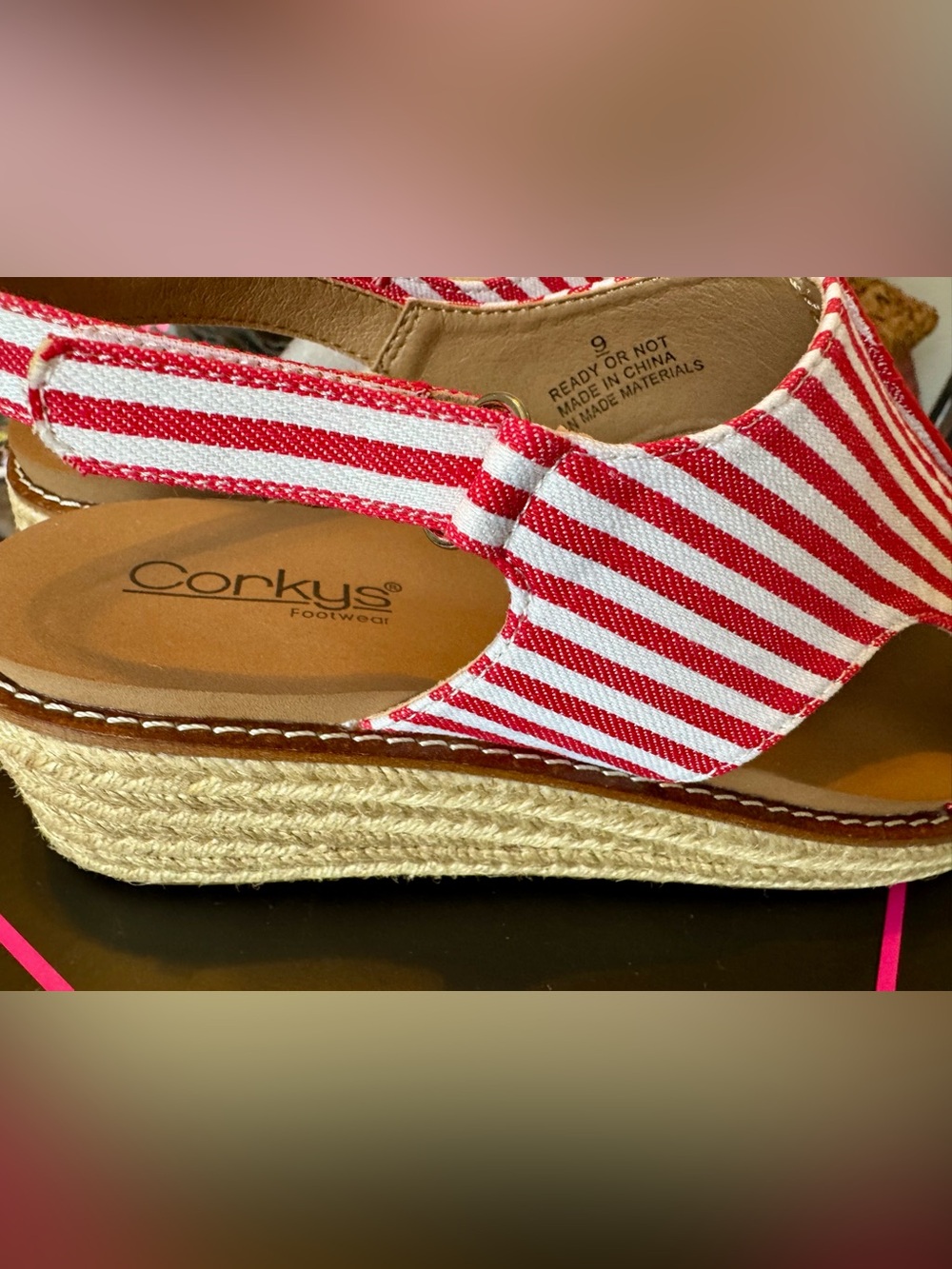 Corkys Red & White Striped Wedge Sandals - Picture 5 of 9